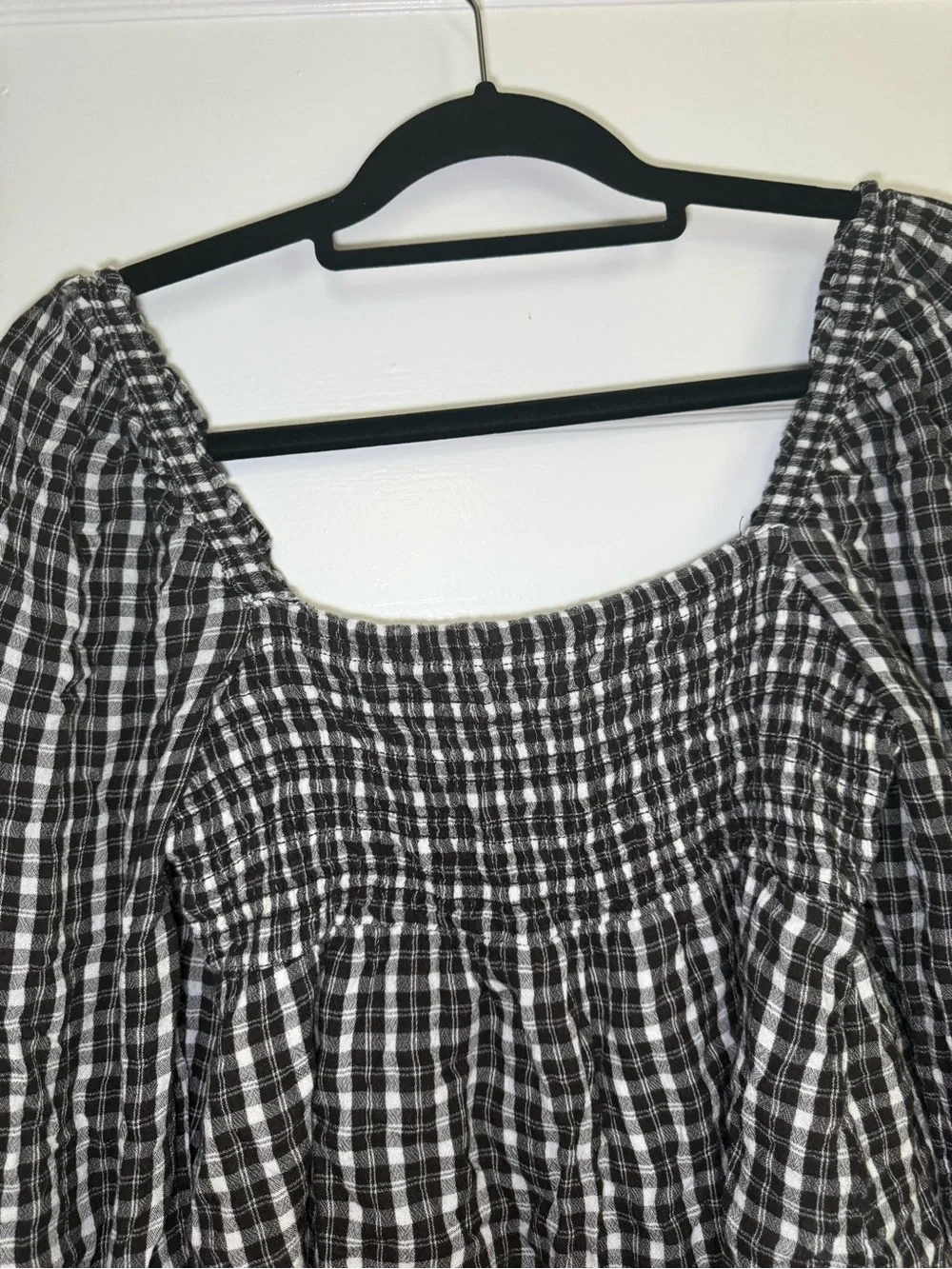 Abercrombie & Fitch Black and White Smocked Plaid Peasant Blouse Fall Boho Sz M